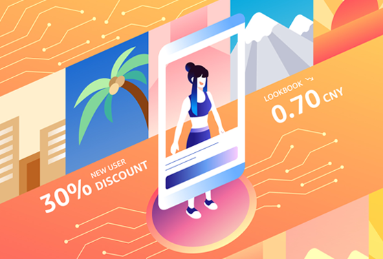 An isometric illustration showing a digital promotion for e-commerce, featuring a woman standing inside a mobile phone, a 30% new user discount, and a lookbook priced at 0.70 CNY. The background includes graphical representations of palm trees, mountains, and city buildings, with a technology circuit pattern overlay.