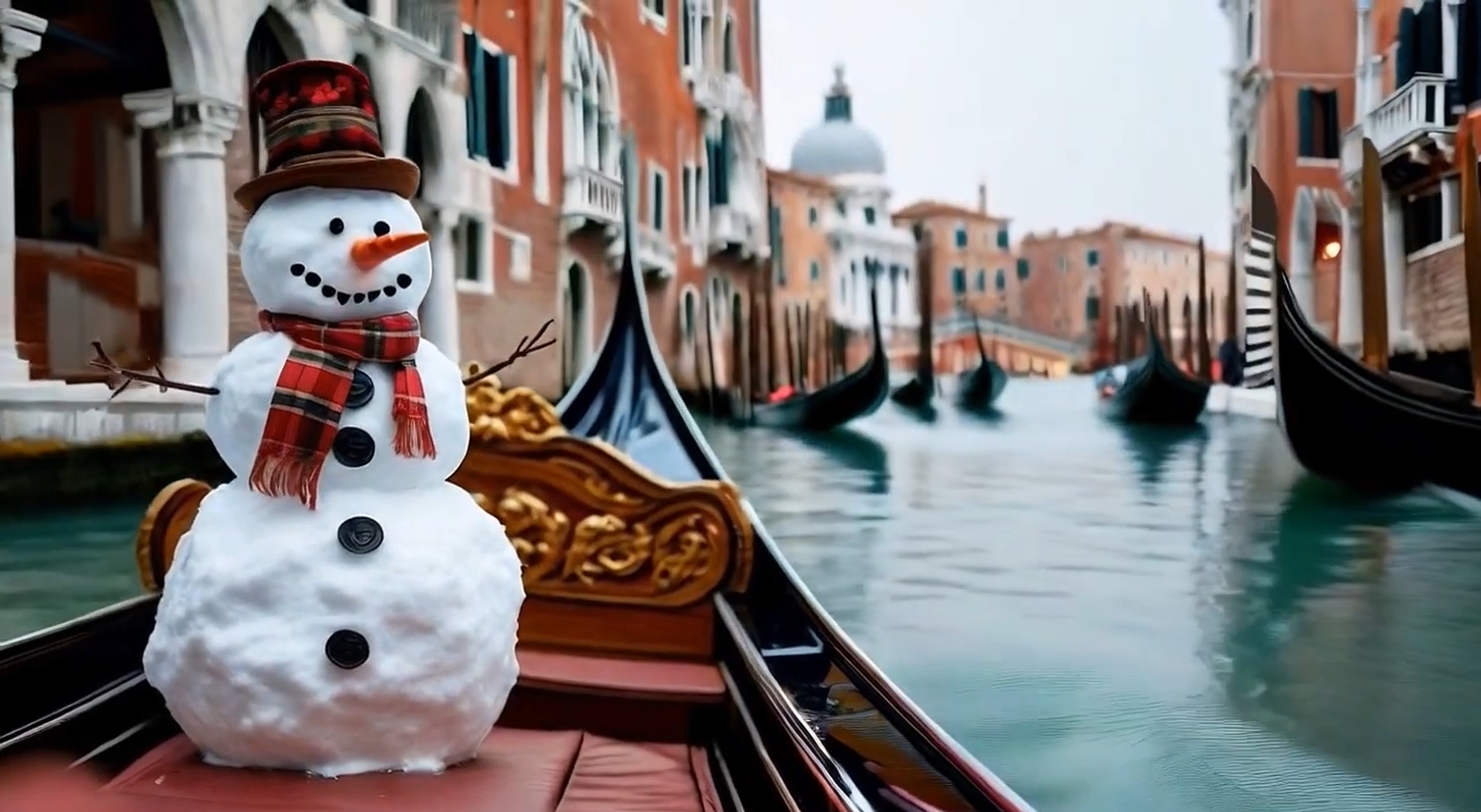 A snowman wearing a plaid scarf and top hat sits on a gondola in a Venetian canal, with historic buildings and other gondolas in the background.