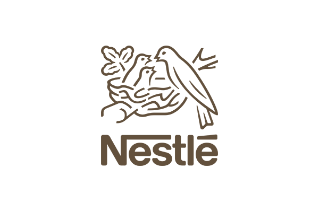 Nestlé logo featuring a line illustration of a bird feeding chicks in a nest above the word 'Nestlé'.