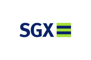 SGX logo with blue letters and a green and blue striped square symbol on a black background.