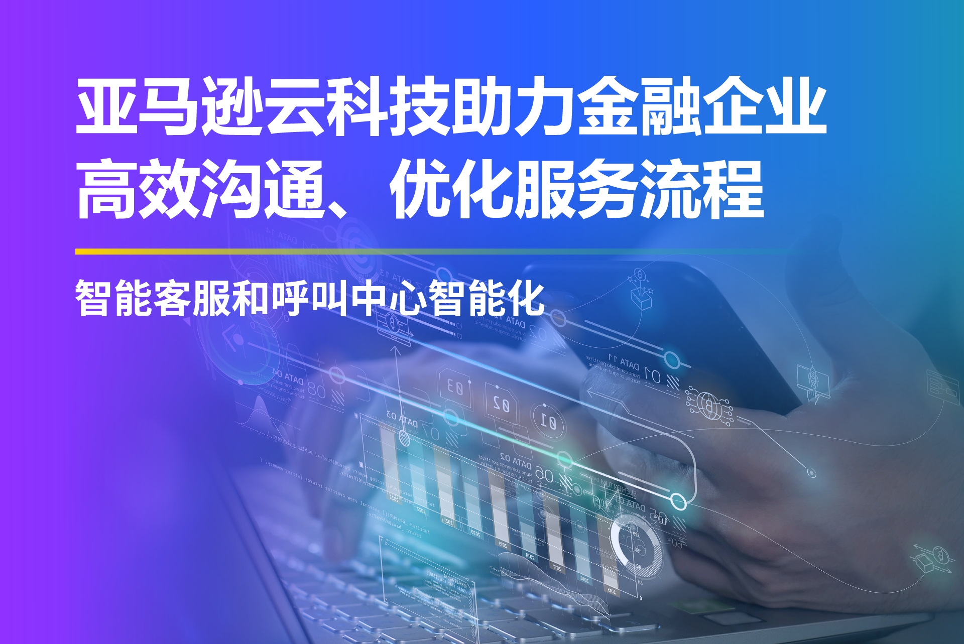 AWS云科技助力金融企业高效沟通和优化服务流程的中文横幅，包含智能客服和呼叫中心智能化主题，背景为科技风格的手持手机与数据图形。