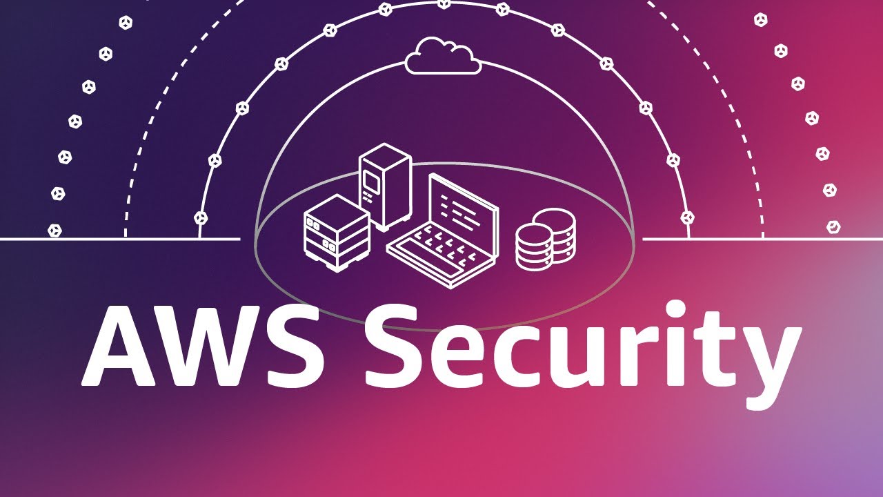 Thumbnail image featuring AWS Security with cloud infrastructure icons, including servers, a laptop, and database, set against a gradient background. Used for a YouTube video about AWS Security.