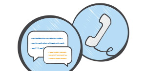 Icon depicting customer support options with speech bubbles for chat and a telephone handset in blue circles.