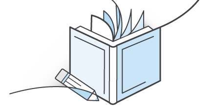 An illustration of an open book with pages turning and a pencil, featuring light blue accents.