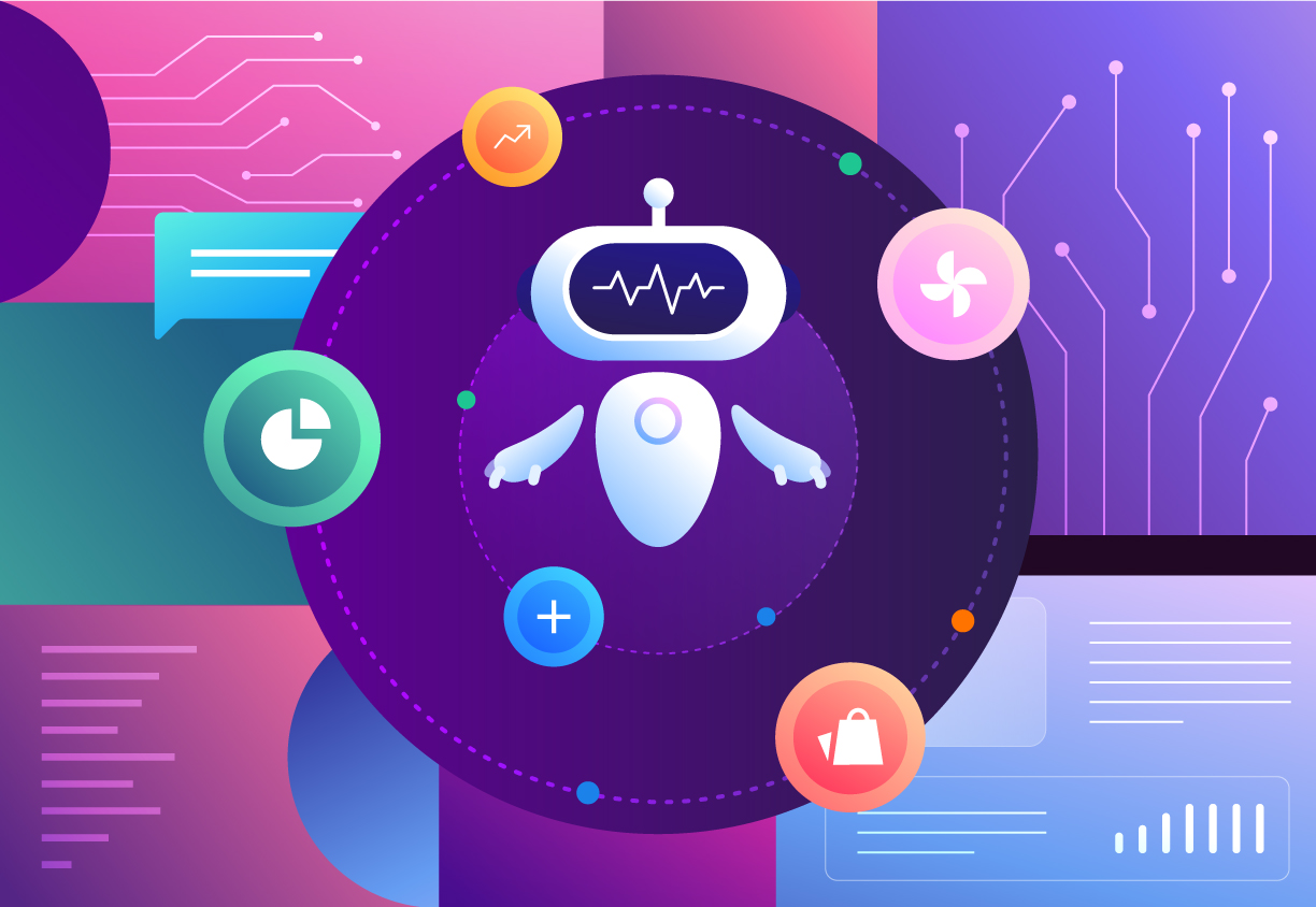 An illustration of an AI chatbot at the center of a colorful technology dashboard, featuring various data and technology icons surrounding the robot figure.