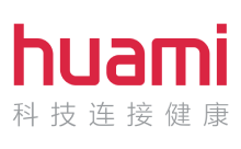 The Huami company logo in red and gray, featuring the text 'huami' above the Chinese phrase '科技连接健康' which means 'Technology connects health'.