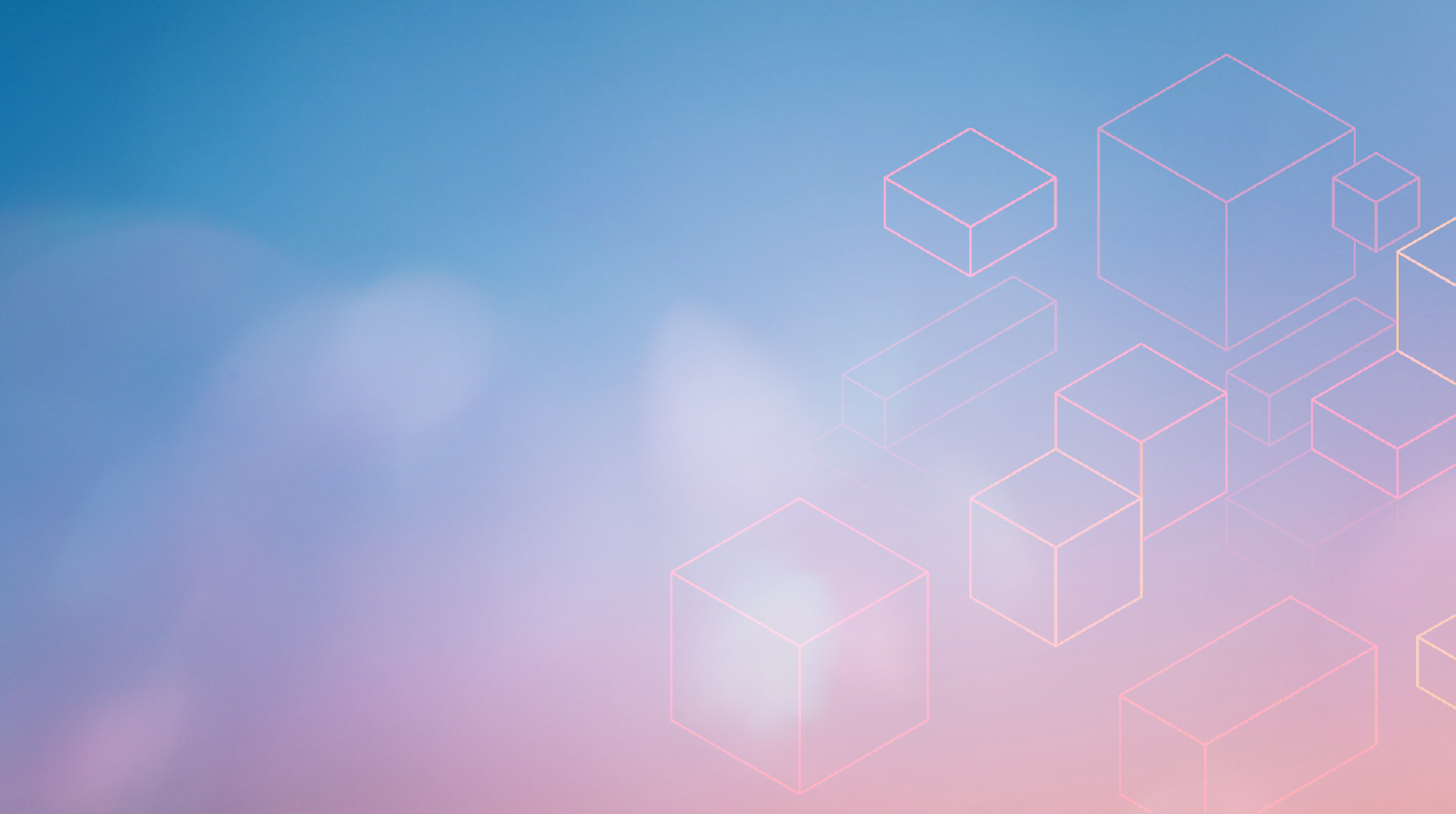 A gradient abstract background with floating outlined cubes on a blue and pink pastel backdrop.