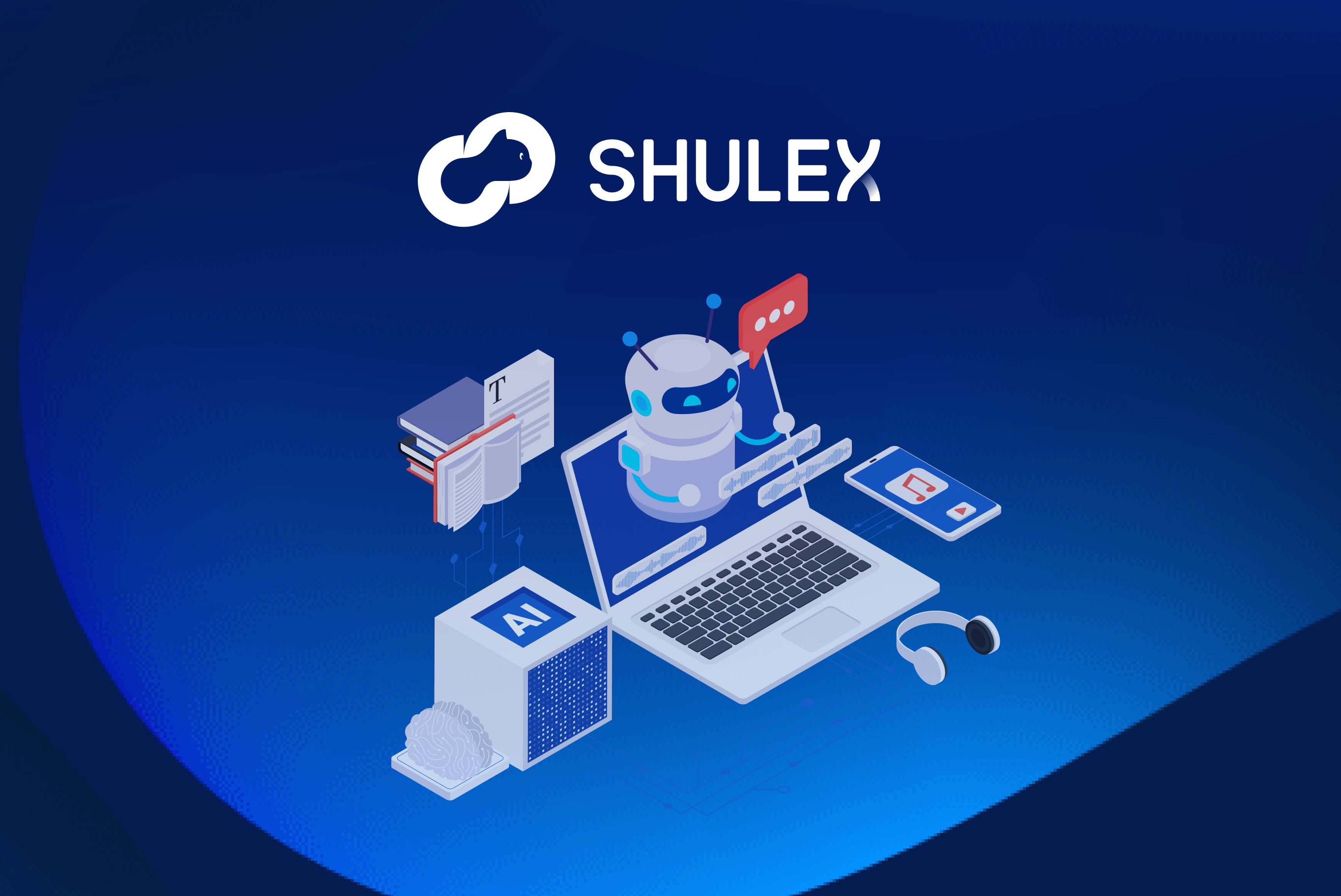 Illustration showing a robot assistant, AI elements, laptop, and digital devices representing Shulex Amazon Bedrock's AI-driven customer insights solution.