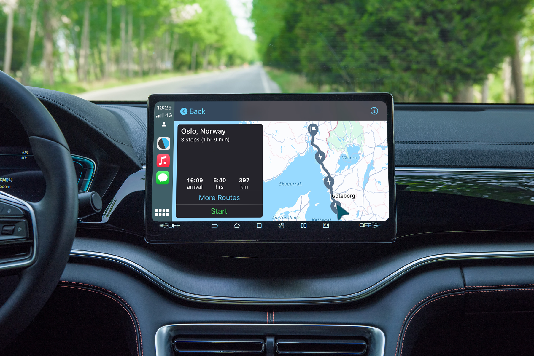 A close-up view of a car's dashboard showing a navigation system screen with a route map to Oslo, Norway. The display details driving directions, travel time, and stops along the route from Göteborg to Oslo, with a scenic road visible through the windshield.