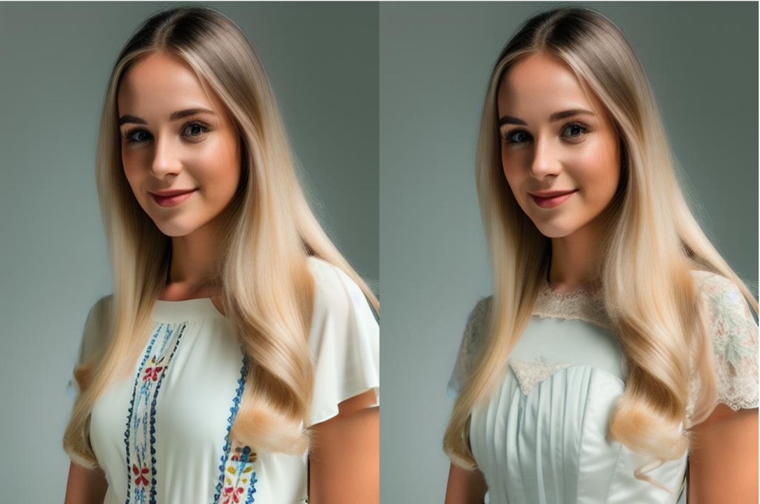 A side-by-side comparison of two similar studio portraits of a young woman with long, blonde hair, wearing different light-colored tops. The image demonstrates visual capabilities, likely for an AI or image analysis demo.