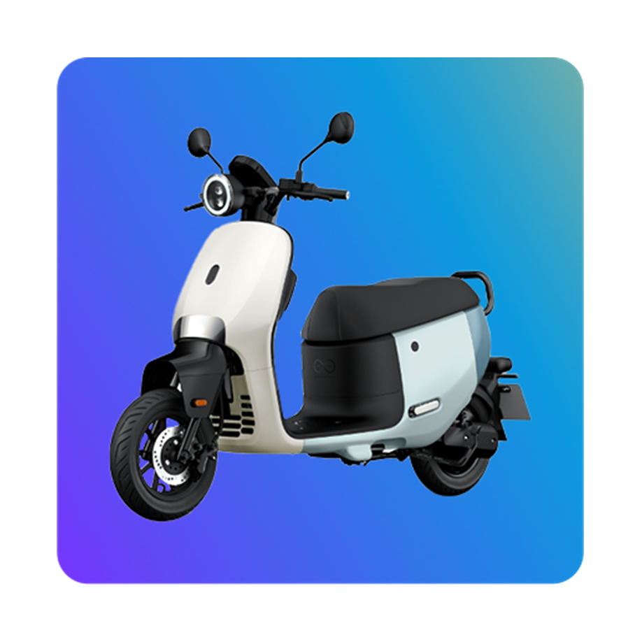 A modern electric scooter in a white and blue color scheme, presented on a blue and purple gradient background.