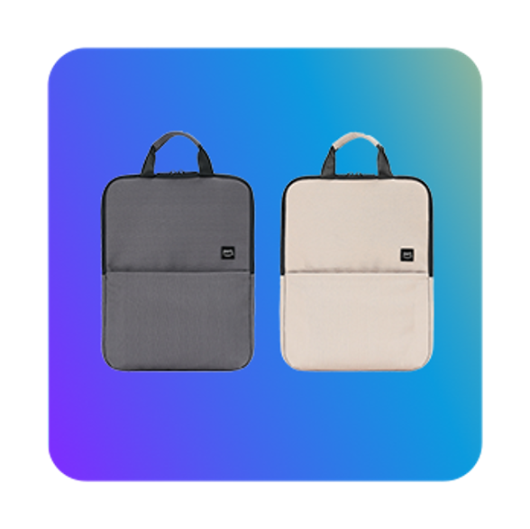 Two minimalist backpacks, one gray and one beige, displayed side by side on a gradient blue and purple background.