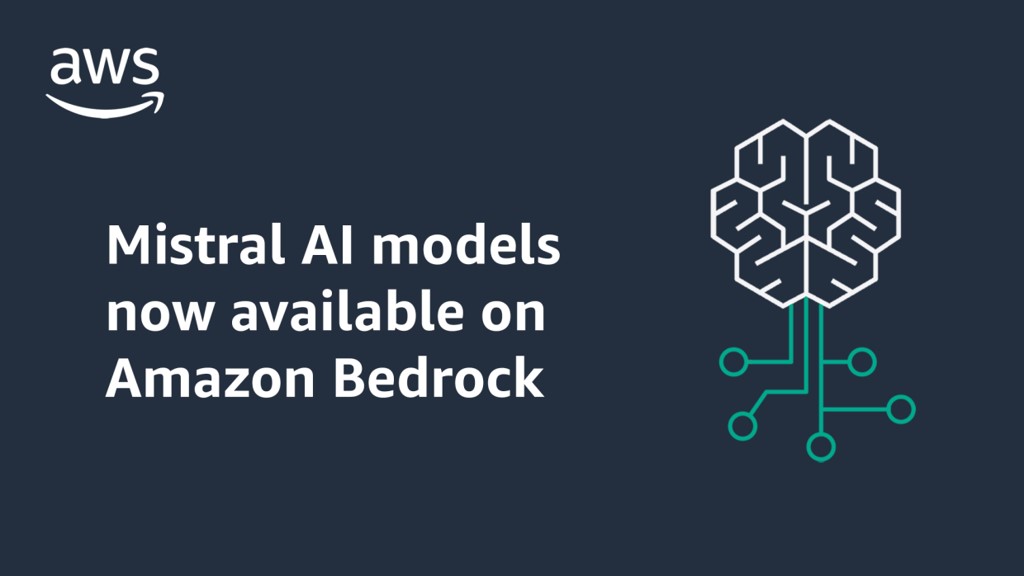 Promotional graphic announcing that Mistral AI models are now available on Amazon Bedrock, featuring the AWS logo and a stylized neural network illustration.