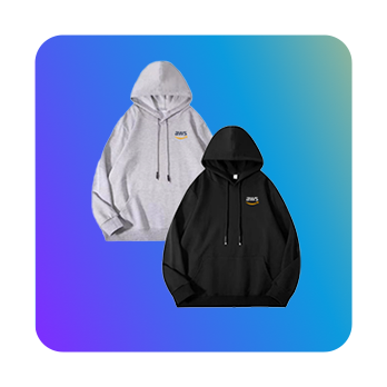 Two hoodies, one grey and one black, each featuring the AWS logo, displayed on a blue and green gradient background.