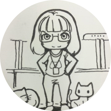 A hand-drawn black and white cartoon doodle featuring a girl with glasses standing with her hands on her hips, accompanied by a cat and another animal, with background line art.