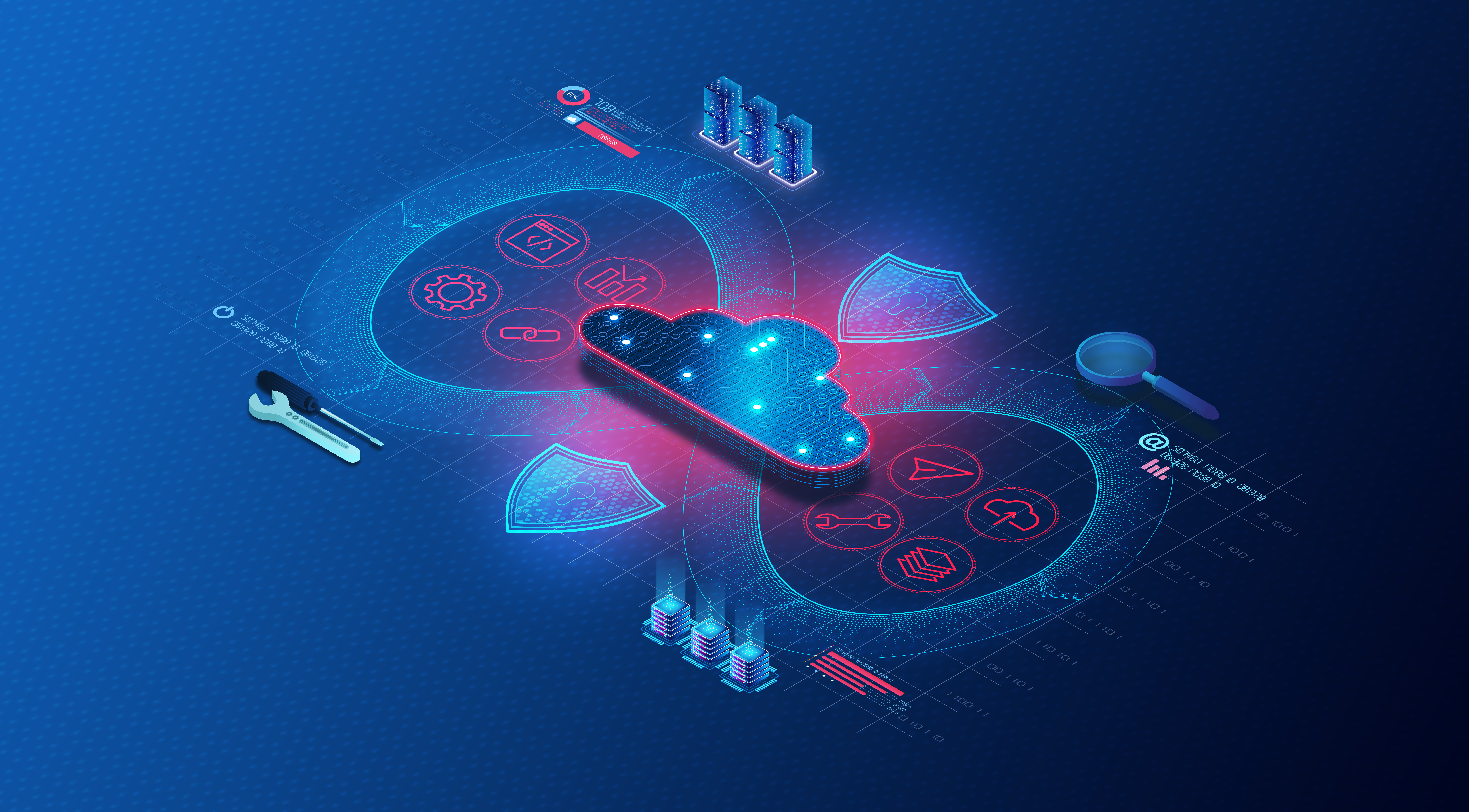 Futuristic illustration of a glowing cloud surrounded by icons representing cybersecurity, data management, and digital tools on a blue grid background.