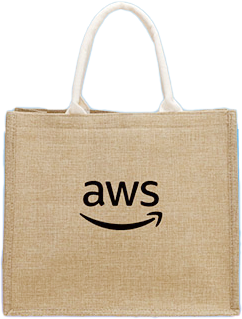 A beige tote bag with white handles and the AWS logo printed on the front.