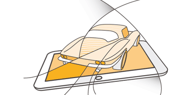 Illustration of a stylized car emerging from a tablet display, representing AWS AppStream and automotive or mobile technology concepts.