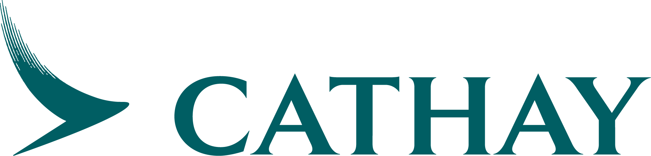 Cathay logo in a horizontal layout with teal color, featuring the Cathay emblem and text on a transparent background.