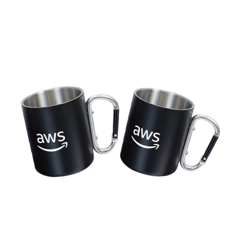 Two black stainless steel mugs with the AWS logo and carabiner handles, designed for events or giveaways.