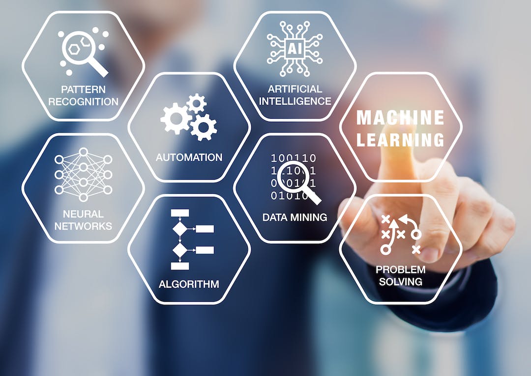A conceptual diagram illustrating key elements of machine learning and artificial intelligence, including pattern recognition, artificial intelligence, automation, neural networks, data mining, algorithms, and problem solving.