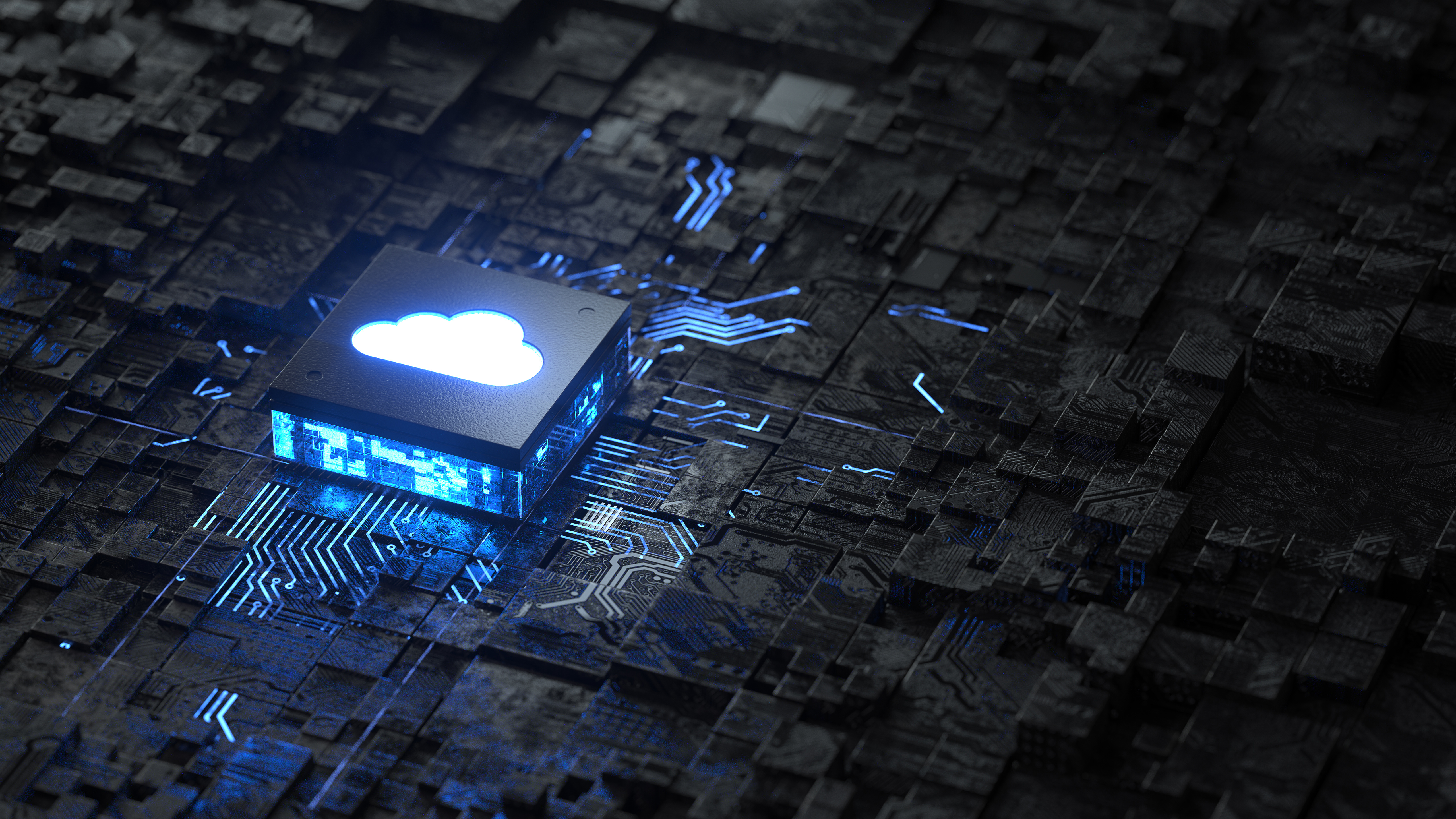 A glowing cloud icon on a futuristic microchip surrounded by a dark, textured circuit board with blue light accents.