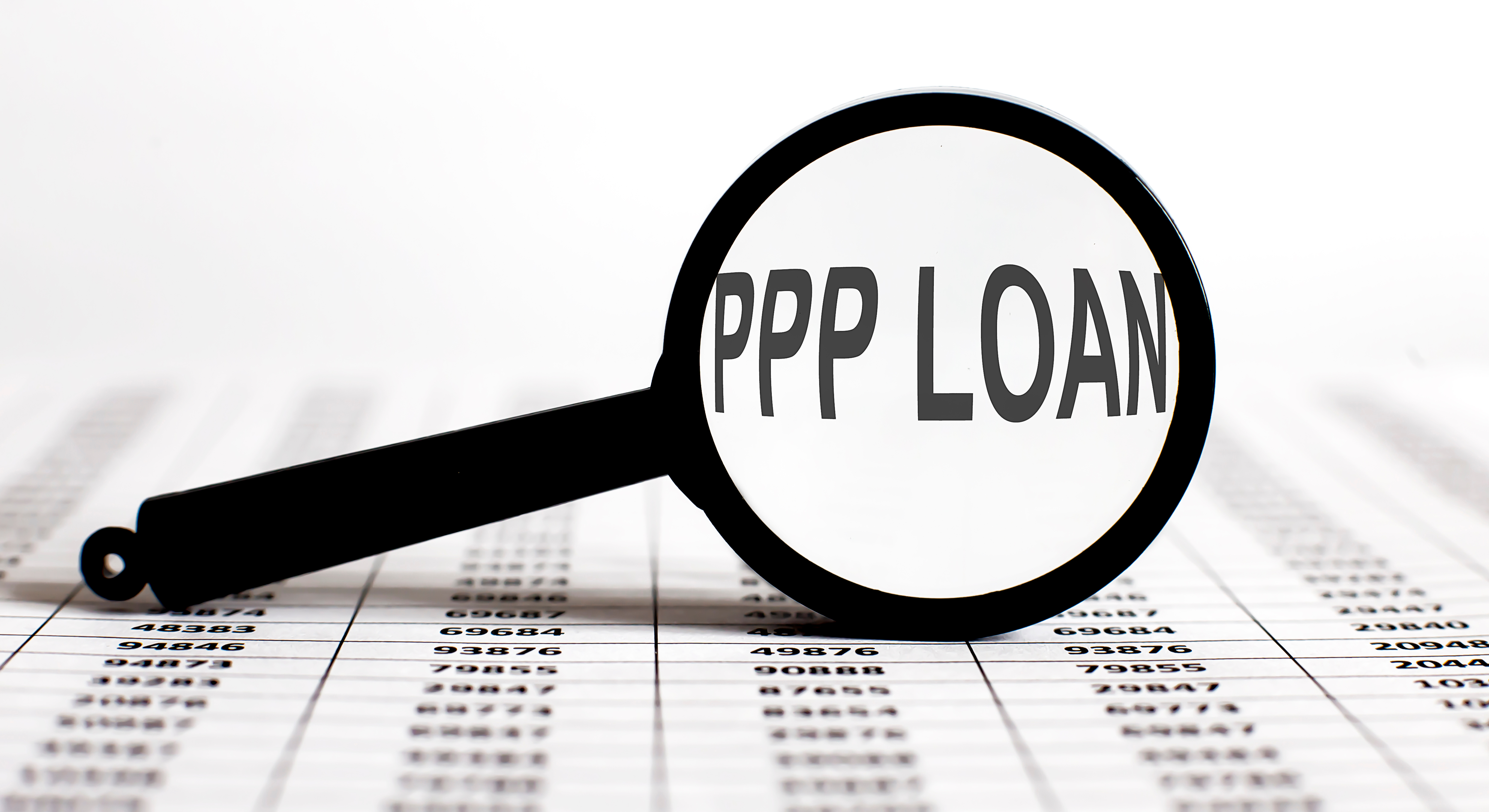 Magnifier with text PPP LOAN on chart background