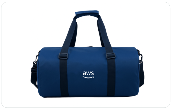 A blue duffel bag featuring the AWS logo, with adjustable shoulder and hand straps, photographed on a white background.