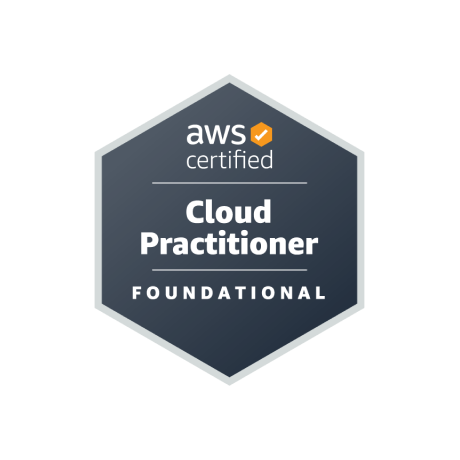 AWS Certified Cloud Practitioner Foundational badge icon featuring a hexagonal design with text indicating foundational level certification for cloud practitioners.