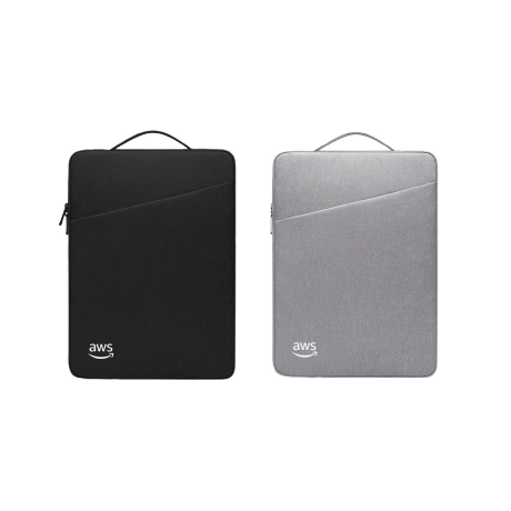 Two vertical AWS-branded laptop sleeves, one in black and one in grey, displayed side by side on a white background.
