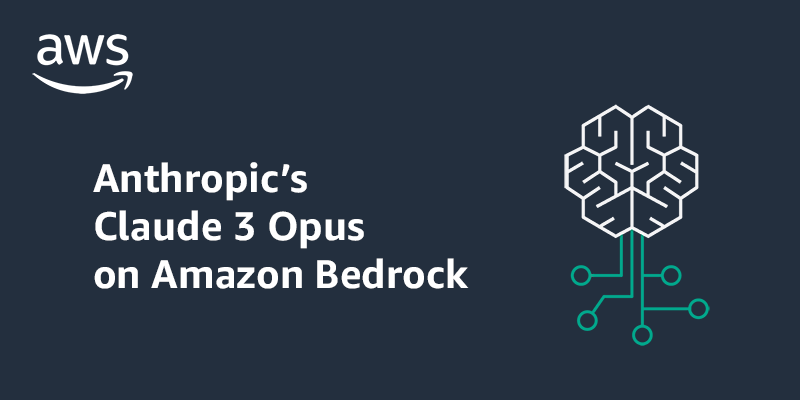 Image featuring the AWS logo, a stylized brain circuit graphic, and the text 'Anthropic's Claude 3 Opus on Amazon Bedrock' on a dark background. Used for announcing the availability of Anthropic's Claude 3 Opus model on Amazon Bedrock.