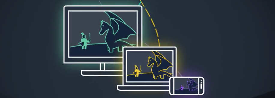 Illustration showing video content with a knight and dragon being streamed to multiple devices, including a desktop computer, laptop, and smartphone, representing AWS Elemental MediaConvert's support for multidevice video delivery.