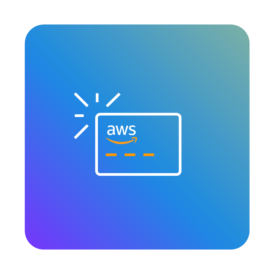 AWS branded credit card icon with notification spark on a blue gradient background.