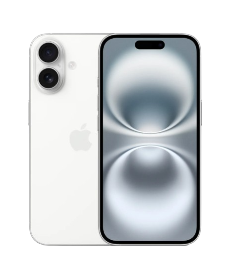 Front and back view of a white iPhone 16 with a transparent background.