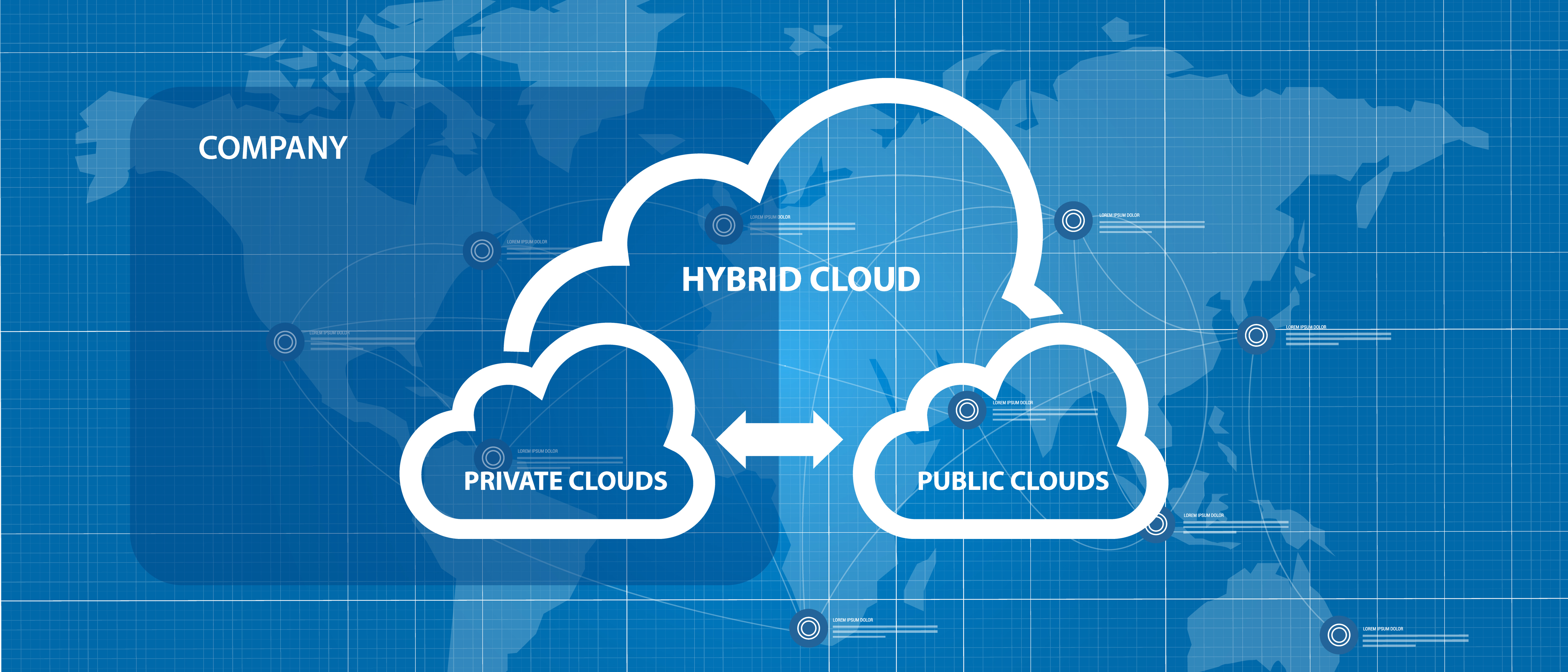 hybrid network diagram combination intersection of private and public infrastructure within a company vector