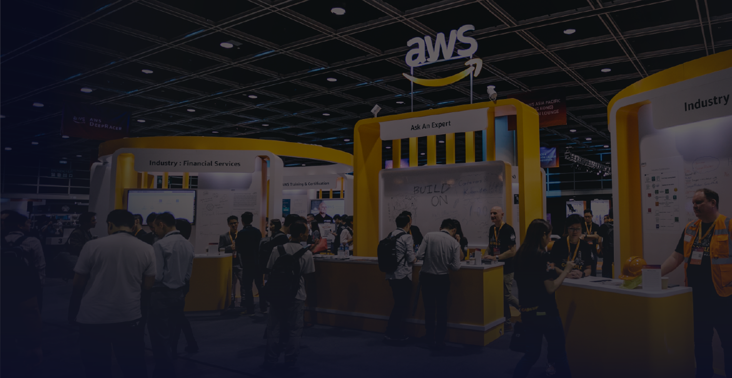 An AWS expo event at the Hong Kong Convention Center featuring industry booths, expert consultations, and attendee interactions.