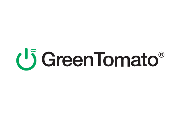 Logo for GreenTomato featuring the brand name and a green power icon.