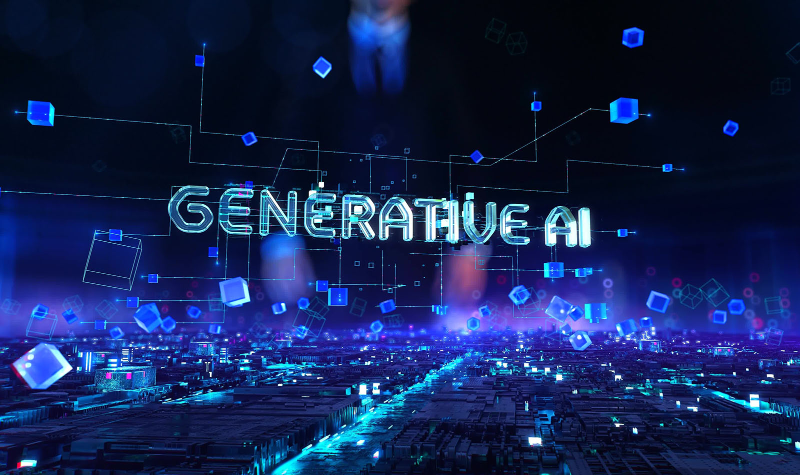 A futuristic digital illustration visualizing generative AI. The image features the words 'GENERATIVE AI' in glowing letters above a technological cityscape, with floating 3D cubes and circuit connections evoking artificial intelligence, machine learning, and advanced technology themes.