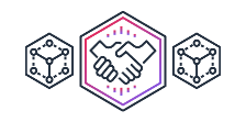 Stylized icon featuring a handshake within a hexagon, representing partnership or collaboration, with abstract network or blockchain graphics in the background.