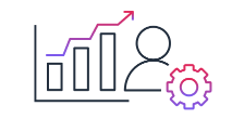 An icon composed of a bar graph with an upward trend arrow, a user figure, and a gear, representing data analytics, growth, user, and technical development.