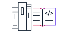 Illustration of three books and an open book displaying code, in a simple line art style. This icon represents learning resources or documentation for startups.