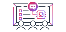 An illustration of three people watching a large screen displaying a flow chart, a chat bubble, and a check-mark chip, representing startup presentation or team collaboration.