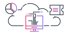 An abstract illustration featuring a cloud, a computer monitor, a pie chart, and a document, representing cloud computing and digital analytics concepts.