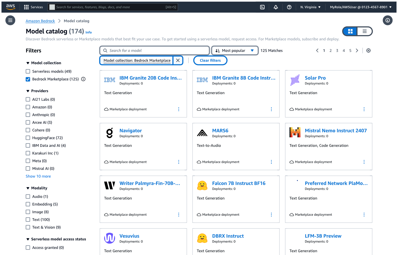 Screenshot of the AWS Bedrock Marketplace model catalog user interface, showing filters and a grid of available AI models for deployment, including their categories and providers.