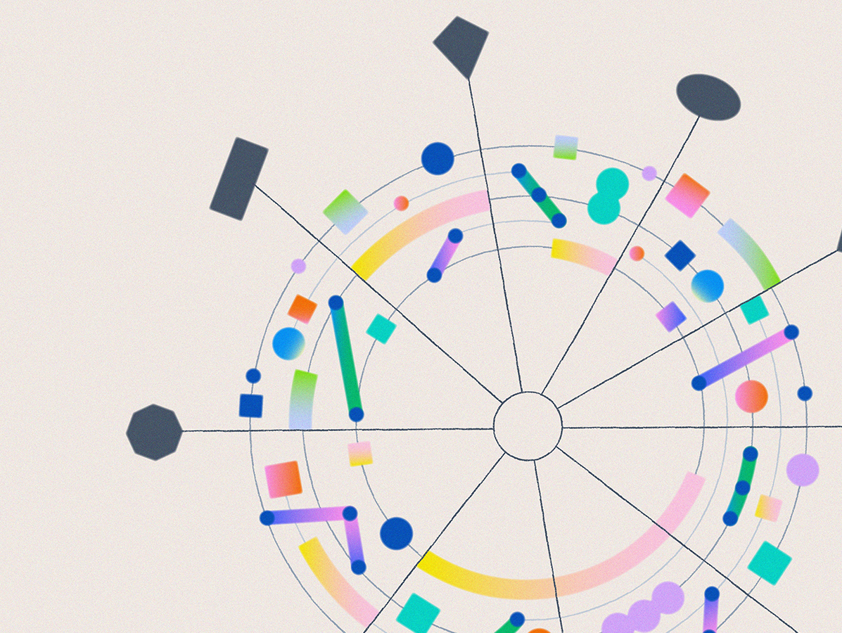 An abstract illustration featuring a circular data visualization with segmented rings, lines, and colorful geometric shapes, representing data analytics and information processing.