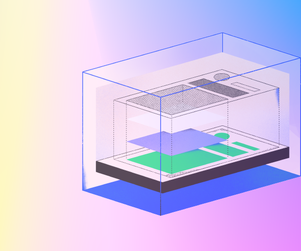 A digital illustration of layered user interface elements inside a transparent 3D box, symbolizing observability, on a pastel gradient background. Banner design for AWS Marketplace Seller Prime.