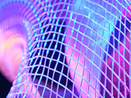 A close-up of a mesh structure illuminated by vibrant purple and blue lights, creating an abstract, futuristic effect.