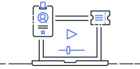 An editorial-style illustration of a laptop displaying a play button, an event badge, and a ticket, representing virtual or online AWS events.