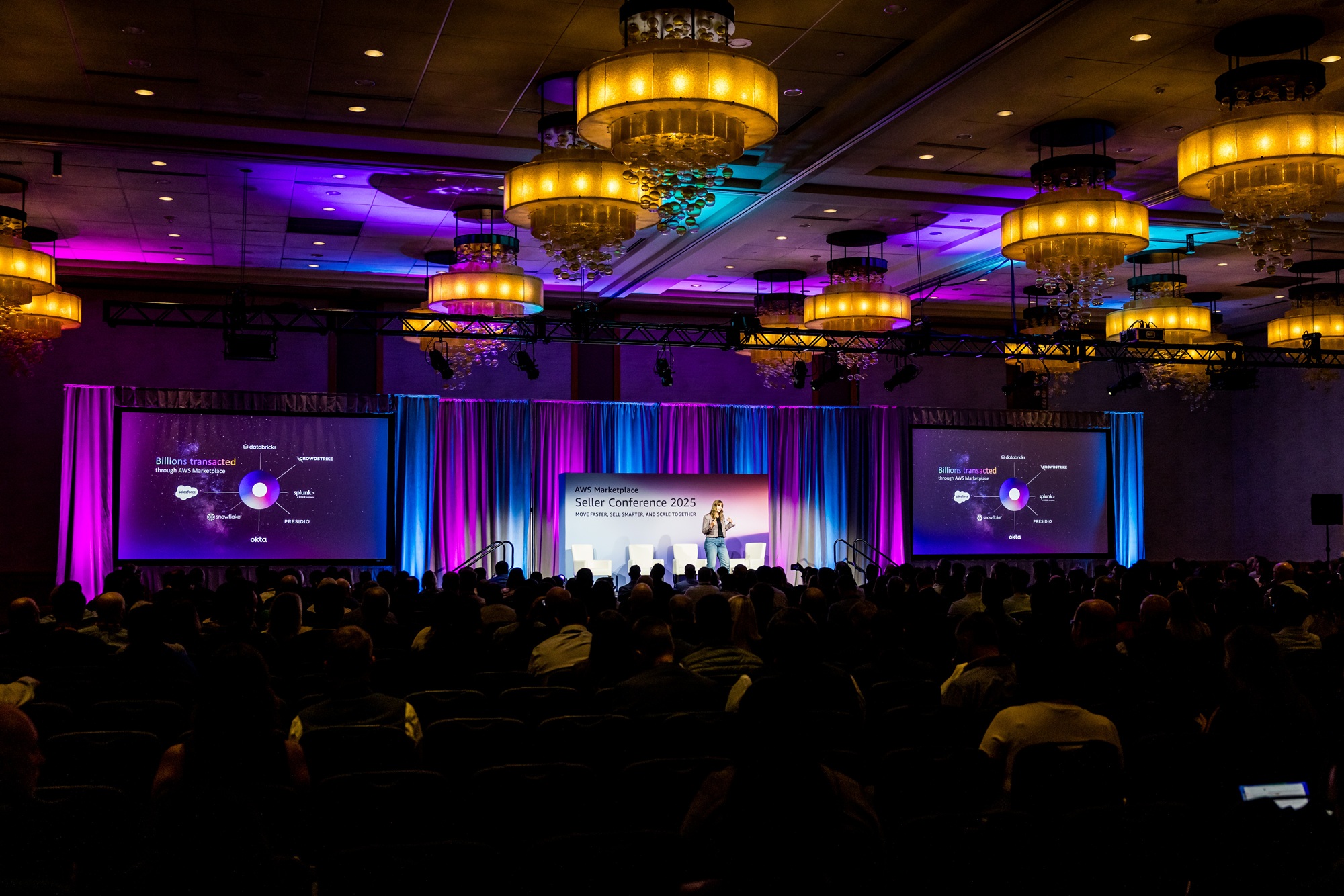 View of the AWS Seller Conference stage during a Keynote address