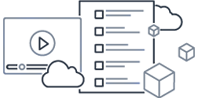 An abstract illustration depicting a computer graphics card, a server or database stack, and 3D cubes, representing concepts of computing technology and data processing.